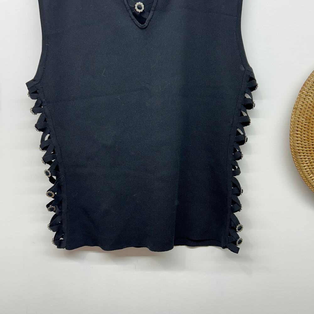 Vintage Y2K 2000s Black Flower Grommet Lace Up Cut Out Side Knit Tank Top Medium - Picture 5 of 9